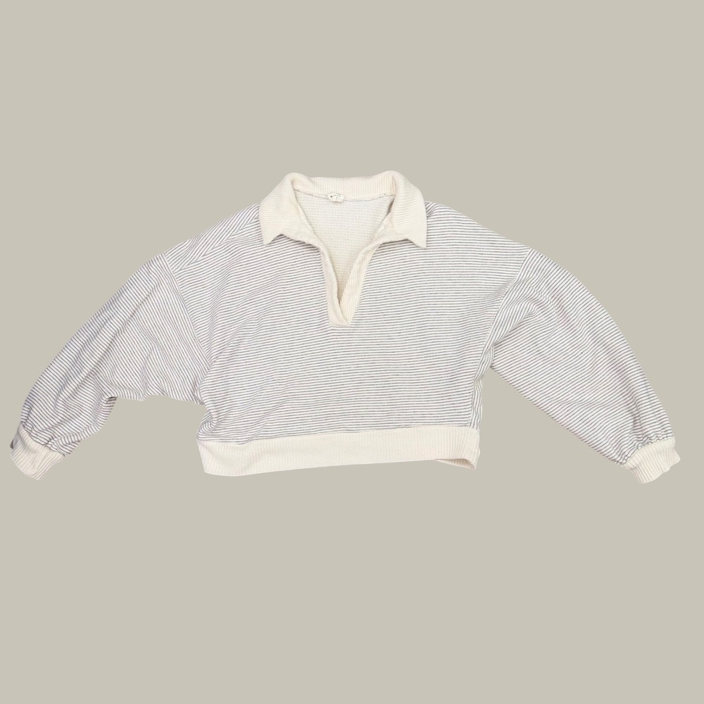 By Together Striped Collared Sweatshirt Cropped V-Neck Size M Coastal Pullover - Picture 13 of 15